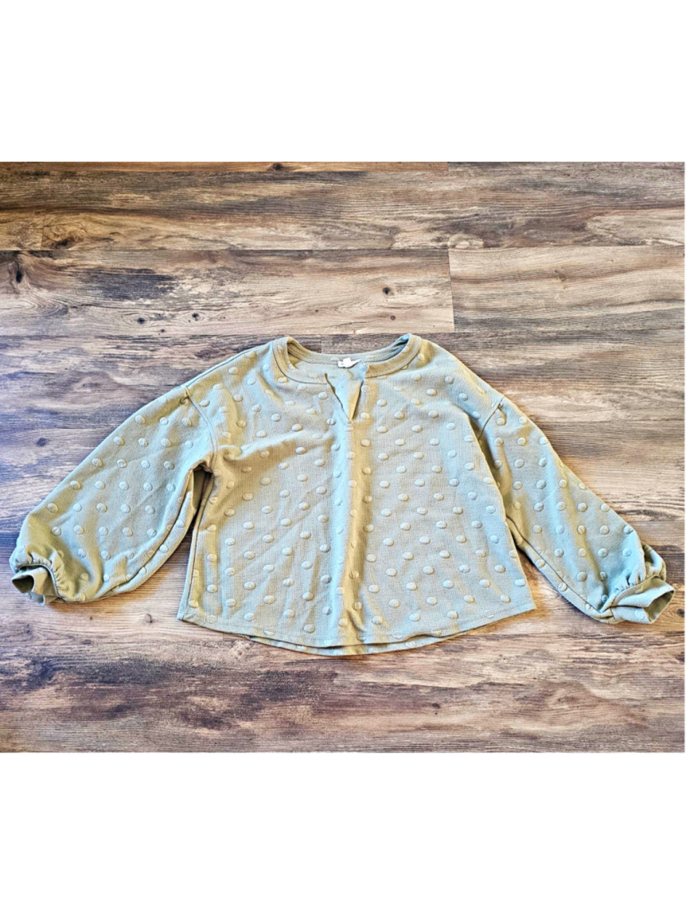 Blu Pepper Sage Green Swiss Dot Split V-Neck Textured Pullover Sweatshirt Size L